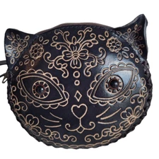 Sugar Skull Cat Leather Wristlet Wallet Change Coin Purse Zip Closure Charm