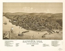 18" x 24" 1886 Bird's Eye View of Bayfield, WIS, County seat of Bayfield County