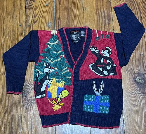 Vintage Looney Tunes 90s Eagles Eye Cardigan Sweater Warner Bros Christmas Youth S