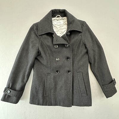 Calvin Klein Jacket Womens Gray Wool Pea Coat Double Breasted