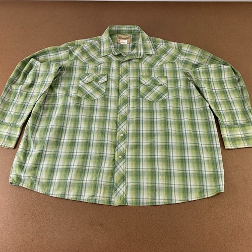 Camisa occidental Wrangler para hombre talla 2X verde a cuadros manga larga con viruela perla a presión
