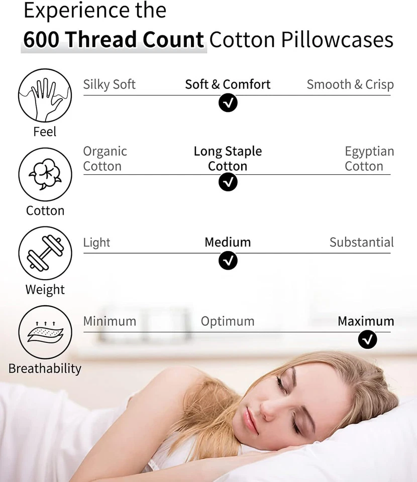 Juego de 2 fundas de almohada de algodón suaves transpirables 600 hilos estándar 20x26 Foto 4 de 4