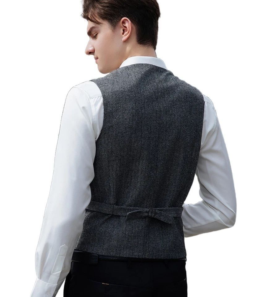 Shawl lapel Vests Mens Double-breasted Waistcoats Tweed Herringbone Wedding Wool - Photo 2/4