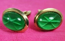 Vintage 1950s Faux Green Dome Star Sapphire Gold Tone Cuff Links Swivel Bar NICE
