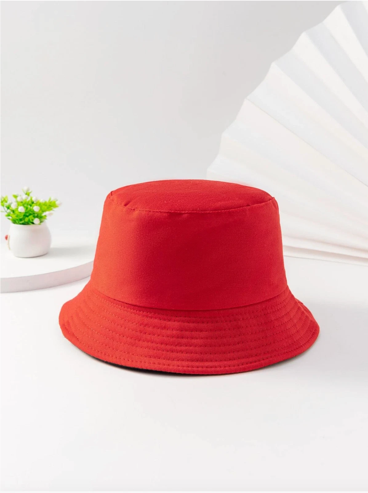 Red Solid Reversible Bucket Hat Casual One Size