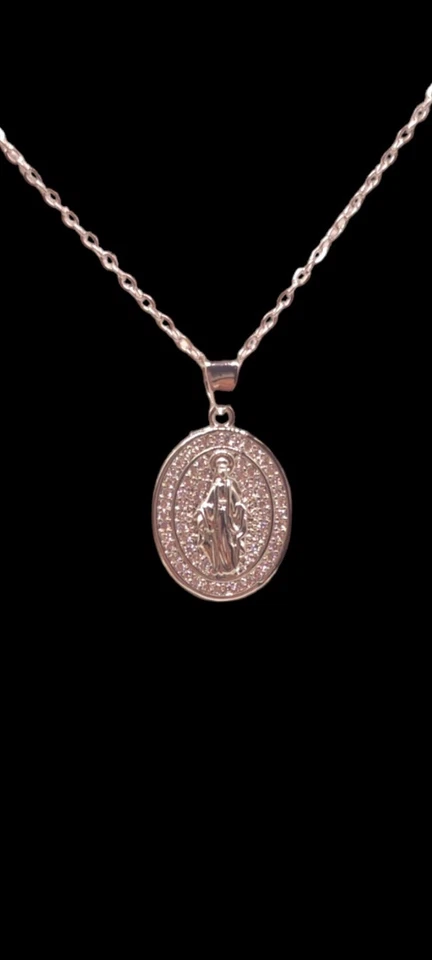 MEDAGLINA MADONNA MIRACOLOSA IN ACCIAIO ANALLERGICO ZIRCONI BIANCHI+ COLLANA - Immagine 2 di 4