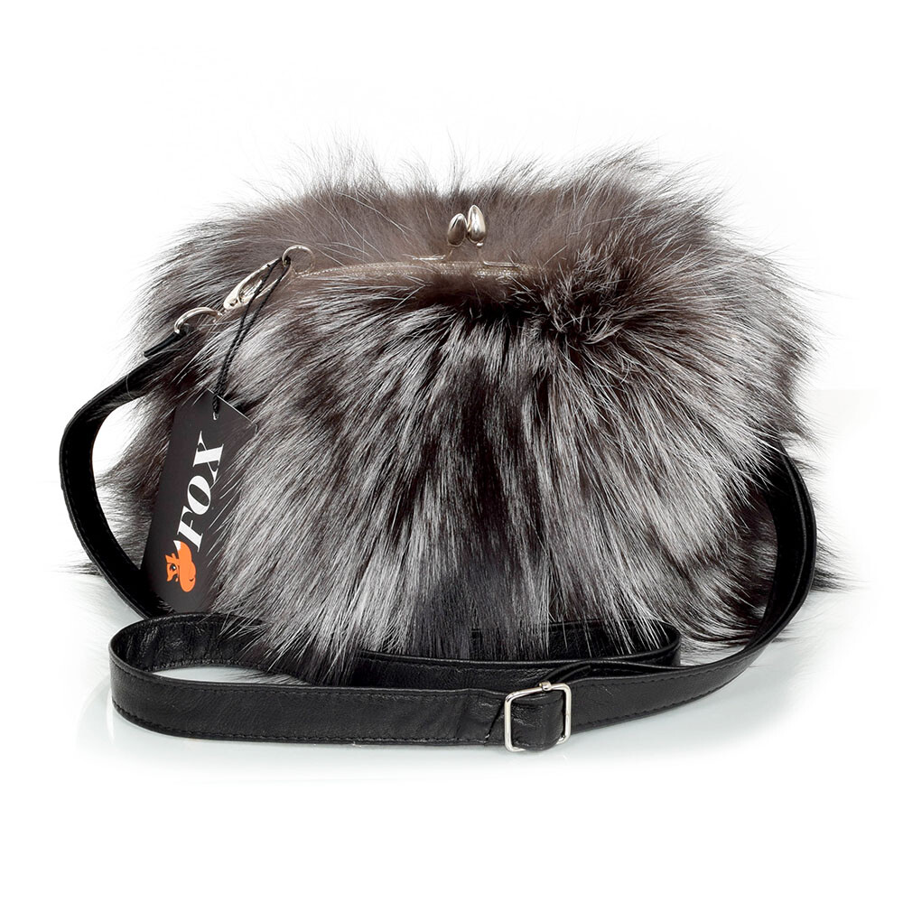 Genuine Silver Fox Fur Bag! Natural Fur Handbag Grey Shoulder Bag