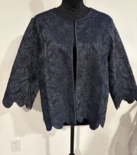 Chico’s Women’s Denim Lace Floral Embroidered Open Blazer Jacket Chico’s Size 2