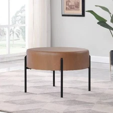 Modern Round Ottoman Caramel Faux Leather - HomePop: Sleek Metal
