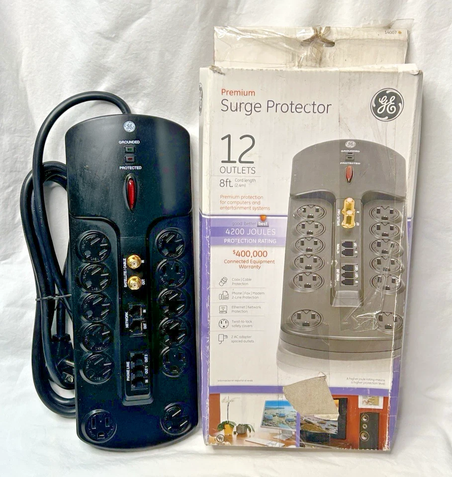 GE PREMIUM 12 Outlet Surge Protector 8 ft Long Cord 4200 Joules Router Plugs NIB - Image 4 of 4