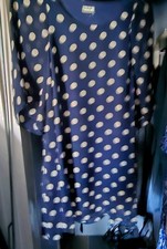 Blue White Polka Dot Fit & Flare Dress, Long Sleeve Round Neck Knee Length XL