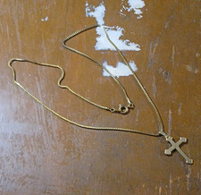 Gold Tone Cross Charm Pendant Necklace Box Chain Spring Ring Closure