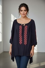 Karen Kane 1X Boho Embroidered Peasant Top Navy Rayon Plus Size Blouse Festival