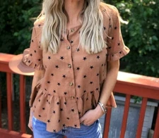 Hem & Thread Star Boutique Peplum Short Sleeve Shirt Blouse Top Brown Large 