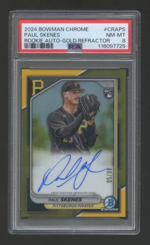 PSA 8 PAUL SKENES 2024 BOWMAN CHROME RC AUTOGRAPH GOLD REFRACTOR #ED 46/50  MVP