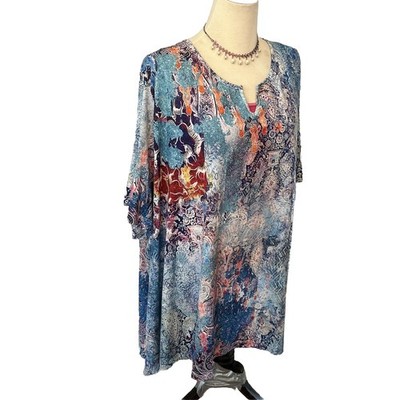 Ulla Popken Women s Tunic Top Popover 36/38 Blouse Artsy Boho Blue 2X 3X Stretch