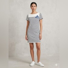 LOFT Striped Floral Embroidered Mini Dress XS White Blue Nautical Coastal Boho