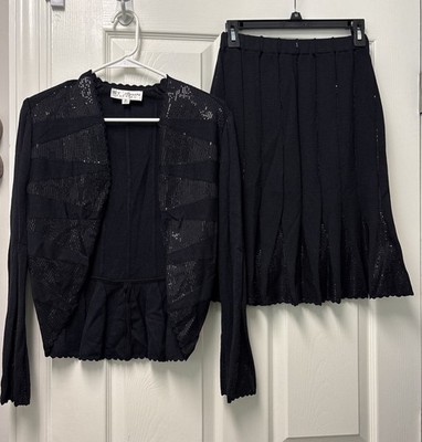 St. John Evening Knit Black Sparkle Embellished Skirt Jacket Suit Shimmer Sz 2