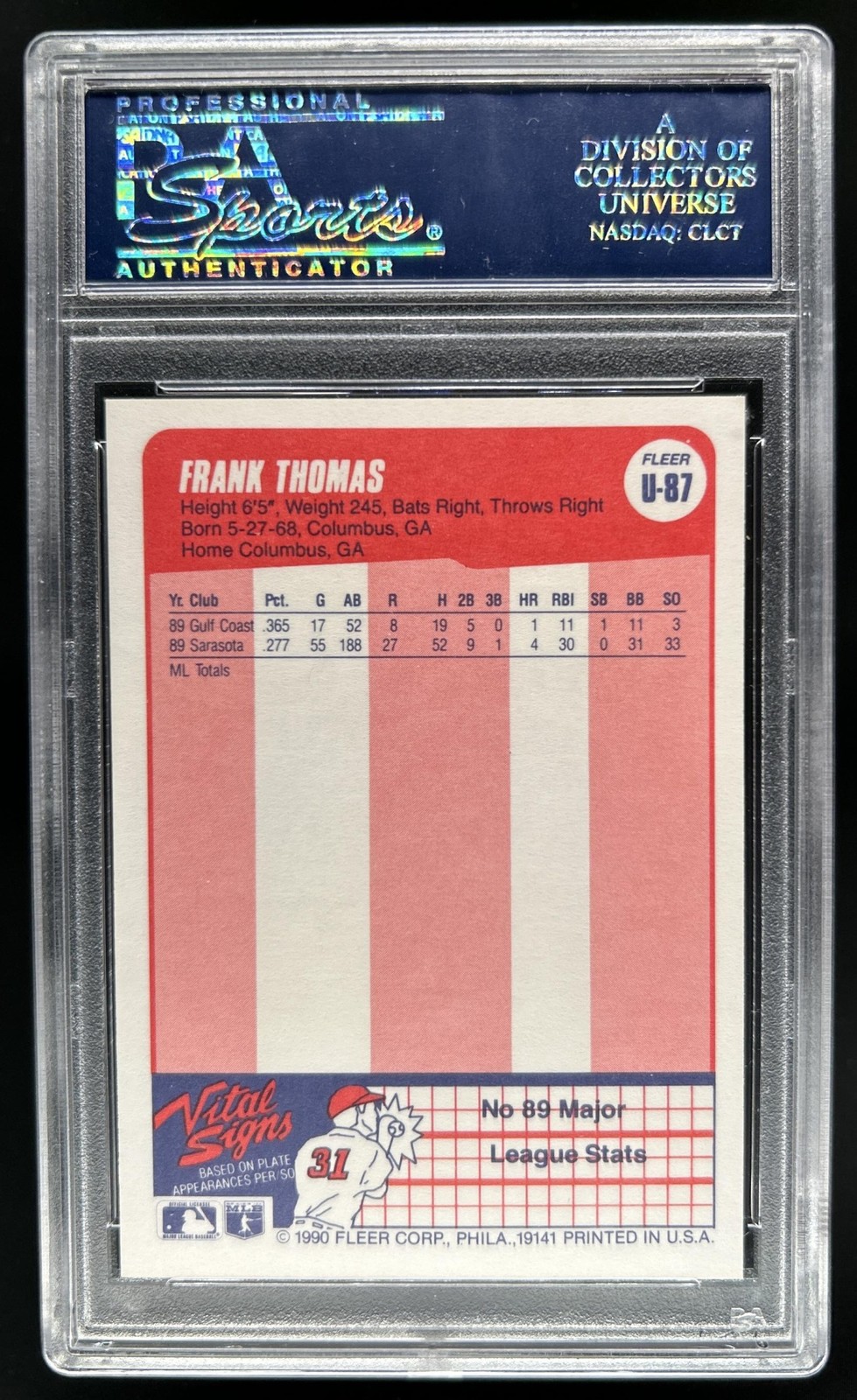 1990 Fleer Update Frank Thomas Rookie RC #U-87 White Sox PSA 9 view 2