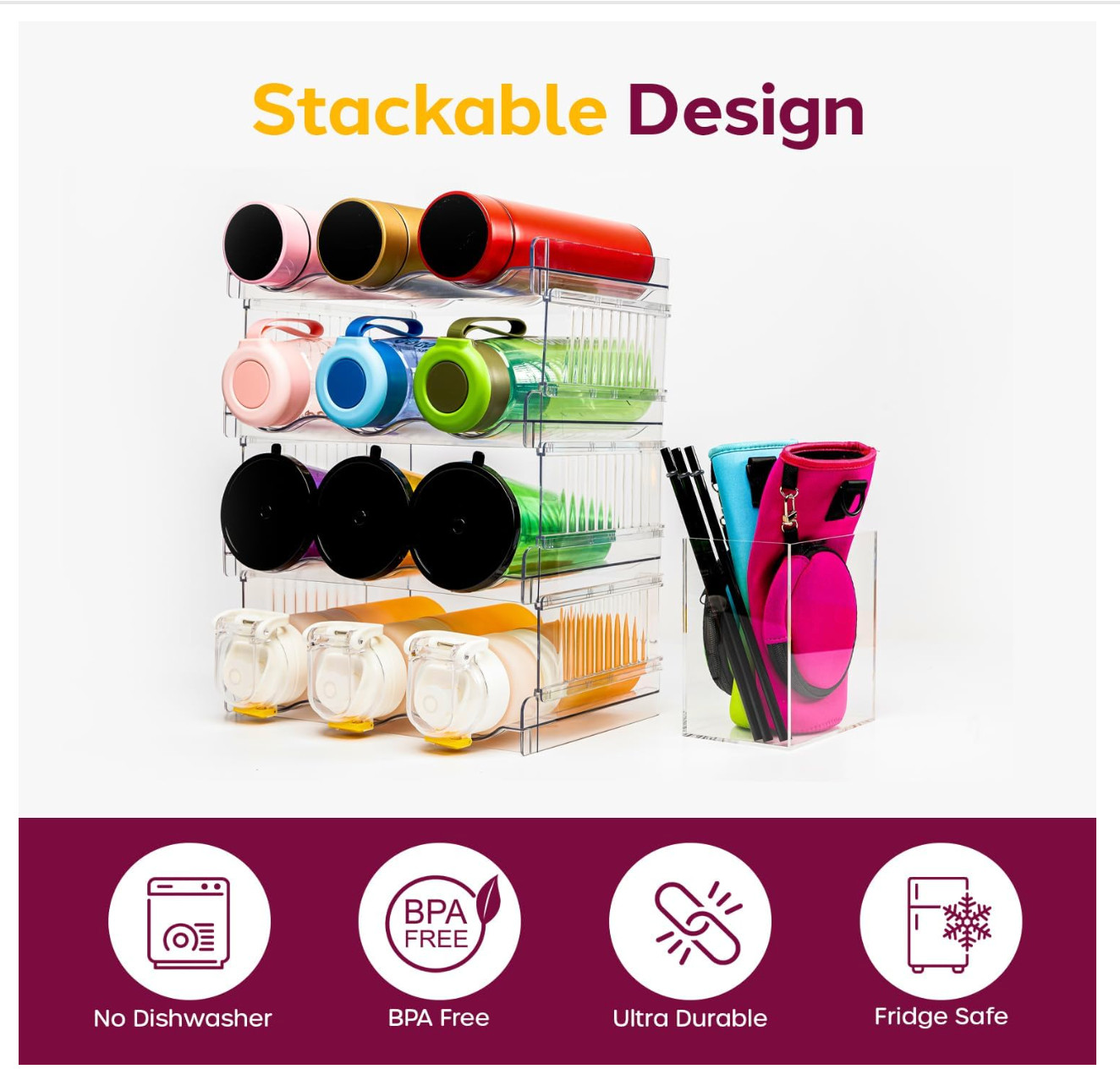 Water Bottle Storage Rack 4-Pack for 12 Tumblers w/ Acrylic Box for Straws New