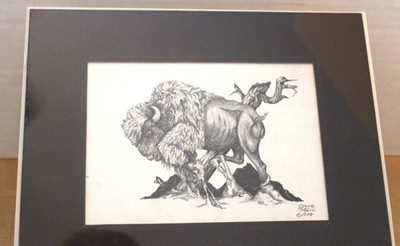 Vtge David M. Steen Buffalo Bison Art Print 10 X 8'' Matted 4 1/2 x 6 1/2 Print  