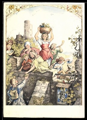 Artist Postcard Advertising for Eduscho Coffee, Women and Children Harvesting 