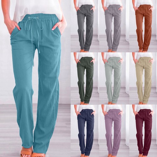 Women's Cotton Linen Pants Drawstring Elastic Waist Pocket Casual Loose Trousers