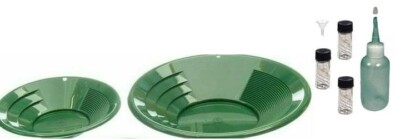 Sluice Monkey 2 Pack Green Gold Pans 12'' & 10'' 4oz Sniffer Bottles, Vials&Funnel