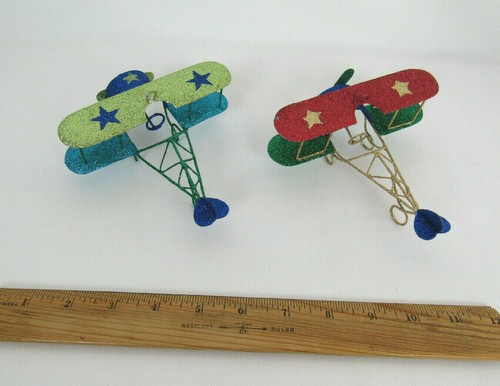 PAIR OF 2 VTG 1970s 80s METAL BIPLANE CHRISTMAS TREE ORNAMENTS GLITTER 5 3/8" - Picture 4 of 11