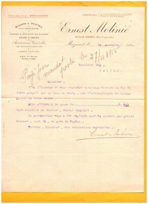 MAZAMET / VILLA ERMO (81) WOOL LEATHERS SKINS ''Ernest MOLINIE'' Letter in 1915
