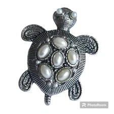 Vintage Turtle Cocktail Ring Size 7 8 9 Adjustable Silver Tone Sea Life Pearl