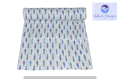 Indian Art Kantha Twin/Single Quilt Handmade Fish Print Reversible Blanket Throw