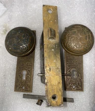 Antique T &B Foundry  Passage Set MORTISE LOCK with KEY, Knobs And Backplates