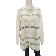 Quacker Factory Lace and Sequin Zip Front Velour Jacket 3X Plus Size Off White