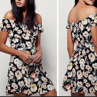 FREE PEOPLE OFF SHOULDER ITALIAN BREEZE BUTTON FLORAL FLOWER DRESS 6 M  BLACK | eBay