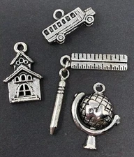 4 Pc Charm Lot - Globe School Teacher Bus Ruler Pencil Silver Pendant Set Gift