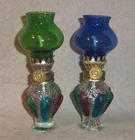 Vtg Lot of 2 Mini Tiffany Style Crown Kerosene Oil Lamps 4.5" tall: Green, Blue