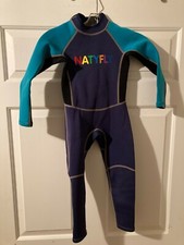 NATYFLY KIDS WETSUIT-MEDIUM-BLACK W/ BLUE TRIM-BACK ZIPPER-NEOPRENE W/ NYLON-NIC
