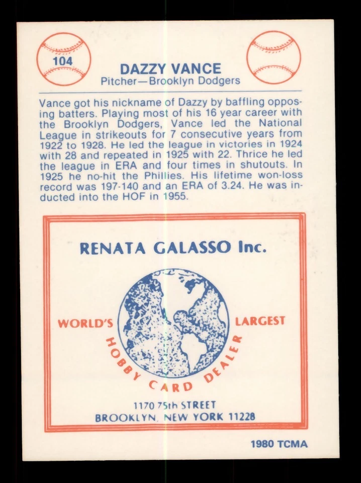1980 RENATA GALASSO #104 DAZZY VANCE BROOKLYN DODGERS - Image 2 of 2
