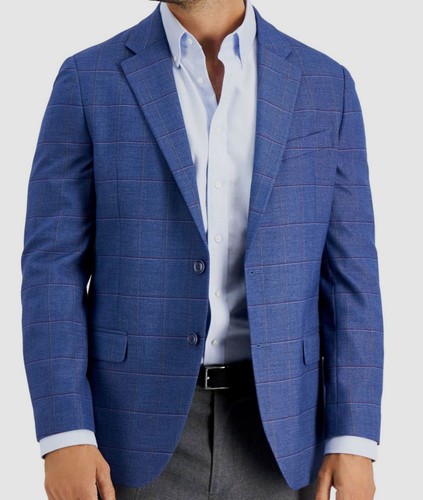 Nautica Men's Branford Modern-Fit Stretch Navy/Red Windowpane Blazer - Navy - Size 38S