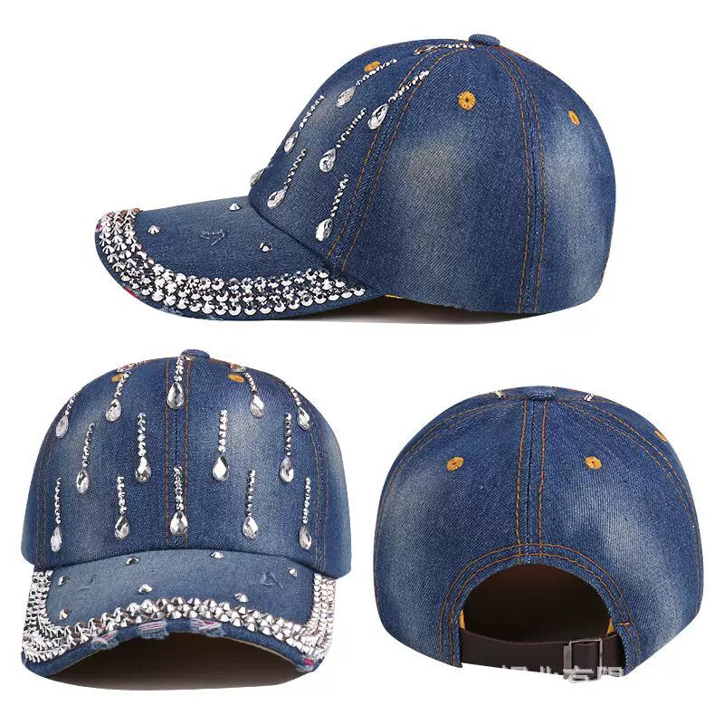 Women Sparkly Rhinestone Denim Baseball Cap Bling Adjustable  display picture 3