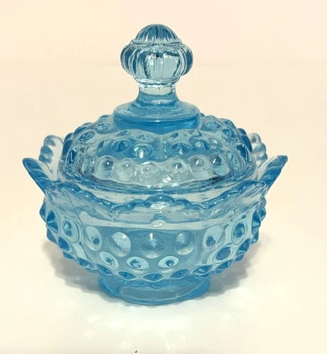 Fenton Small Blue Hobnail Candy Dish with Lid - Decorative Art Glass
