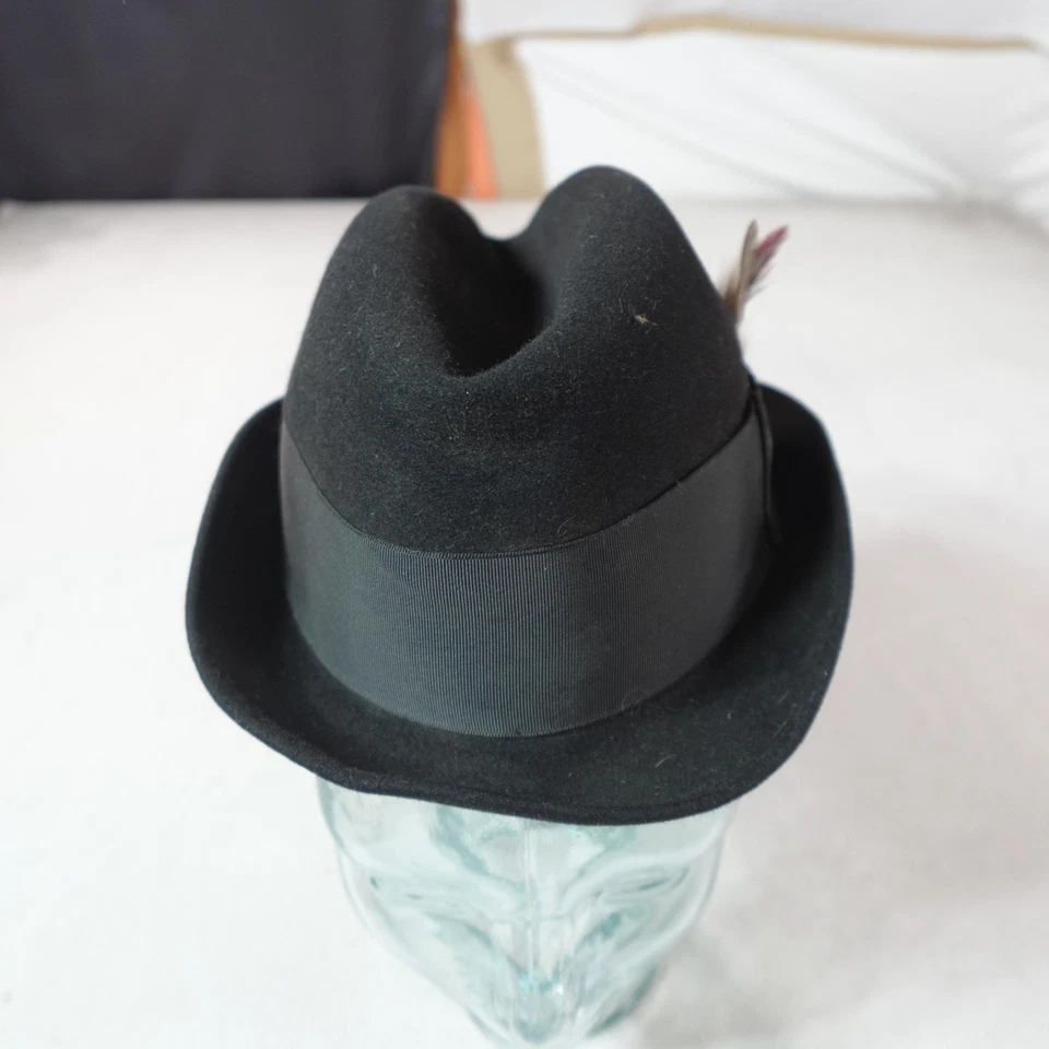 Wormser Hat Fedora Mens Medium Black Felt Lancer Feather Grosgrain Band Classic - Image 2 of 4