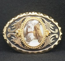 WE09172 NOS FANTASTIC VINTAGE 1970s TWO HORSE HEADS GOLDTONE ART BELT BUCKLE