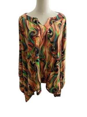 Abstract Swirl Psychedelic Asymmetrical V-neck Top Tunic Boho Flowy XL