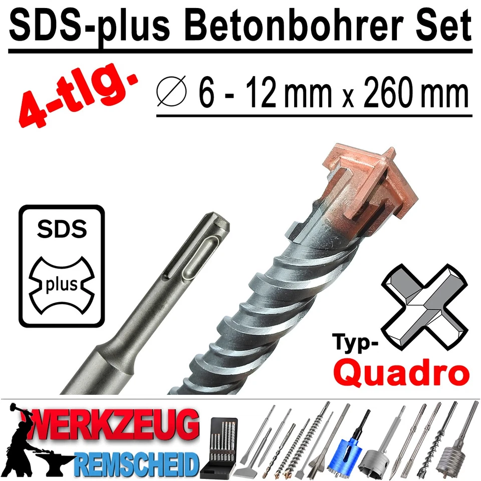 4-tlg SDS-plus Quadro Hammerbohrer Bohrhammer Beton Bohrer Ø 6 - 12 mm x 260 mm - Bild 3 von 4