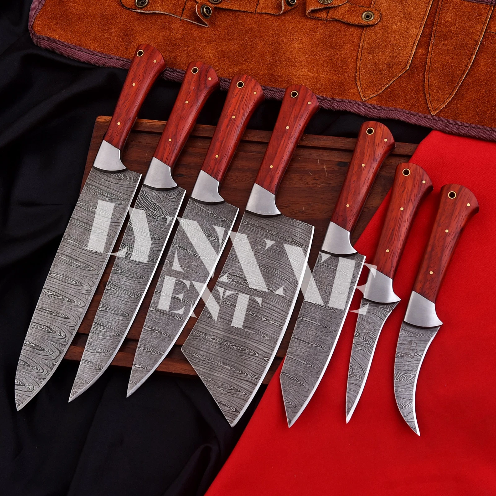 CUSTOM MADE DAMASCUS BLADE 7 Pc's. KITCHEN KNIVES SET With Roll Bag.