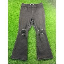 Hollister Women Curvy High Rise Flare Jeans Black Sz 16R W33R Distressed Knees