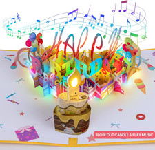 3D Musical Birthday Popup Card, Blowable/Blow Out LED Light Candle and Play Happ