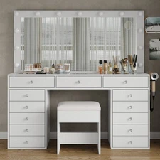 55" Makeup Vanity  with Lighted Mirror, Vanity Desk Gift, 13 Drawers, White
